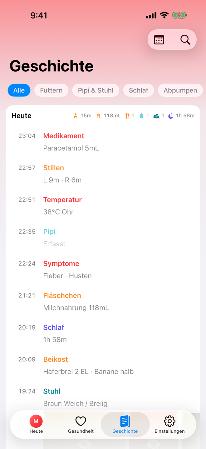 Story-Bildschirm mit chronologischer Pflege-Zeitleiste.