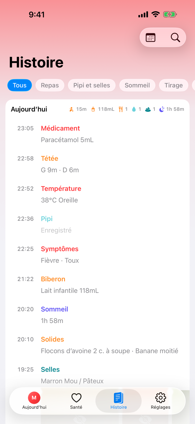 Écran Story montrant une chronologie de soins.