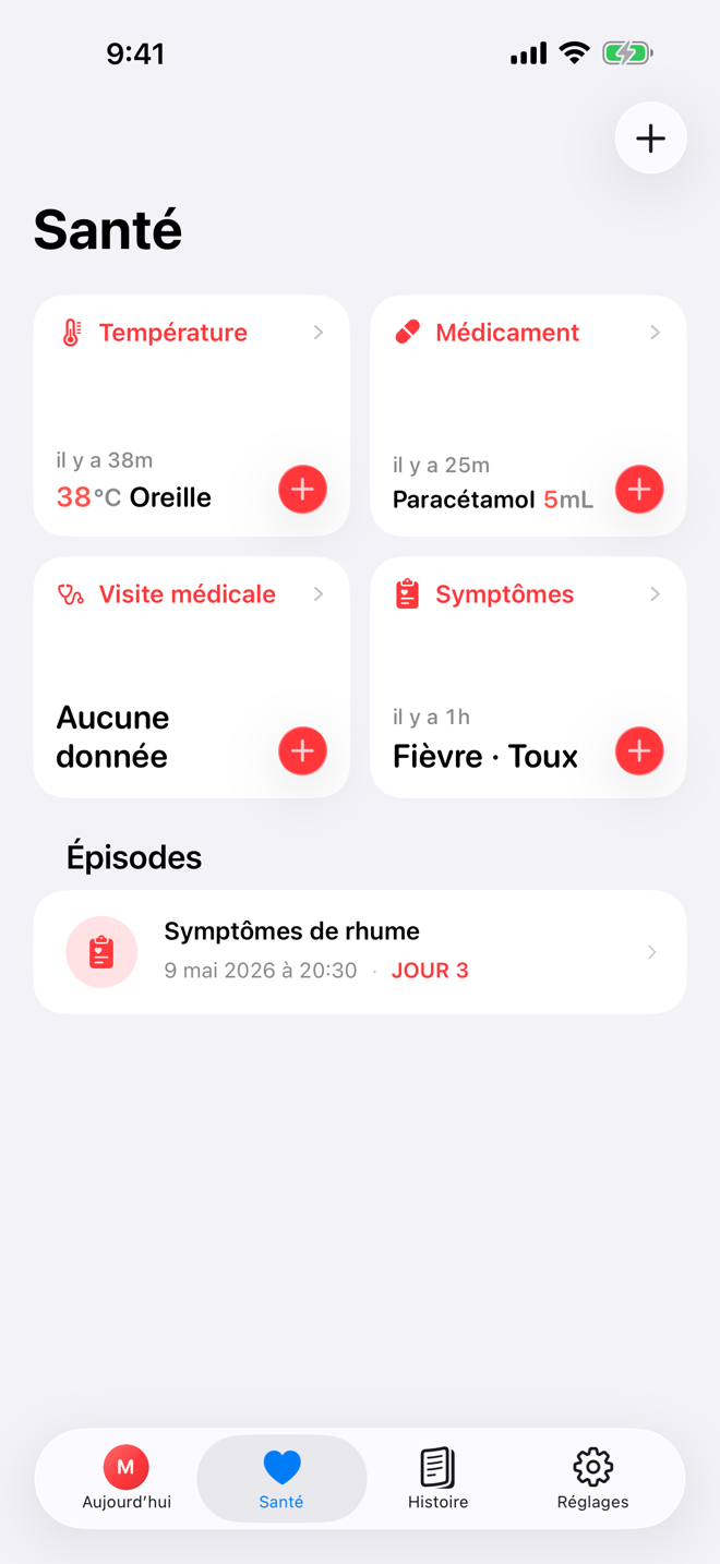 Écran Health montrant des saisies rapides et un épisode de maladie actif.