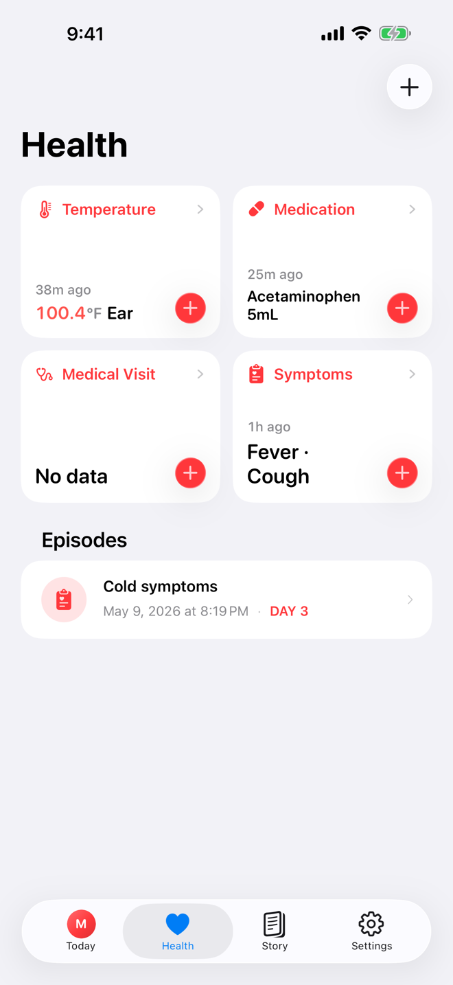Health screen showing quick logs and an active illness episode.