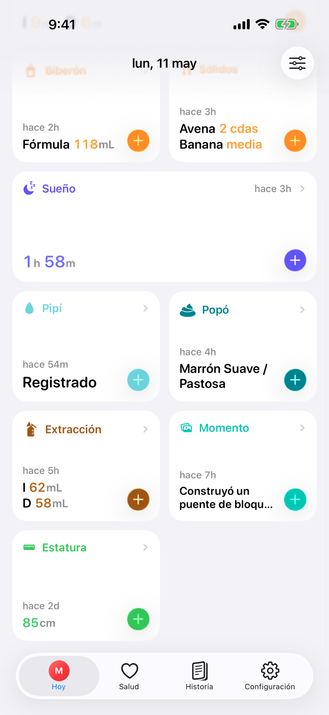 Pantalla de rutina diaria con tarjetas de cuidado expandidas y compactas.